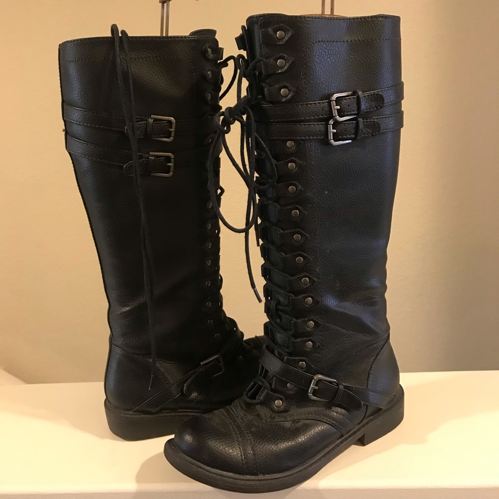 Nine West Black Zip-Up/Lace-Up Combat Boots